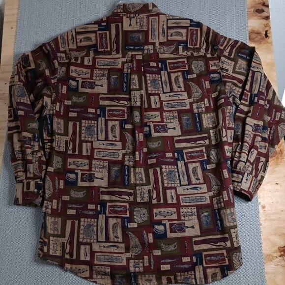 Woolrich Original Outdoor Vintage Shirt XL Red All Over Fish & Tackle Cotton - Picture 7 of 13